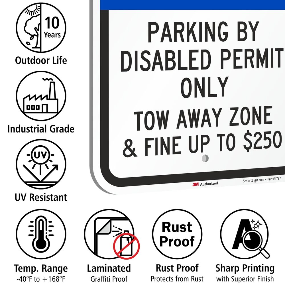 2-Pk Parking Disabled Permit Only Tow-Away Zone & Fine Up To $250 Sign, 12" x 18 - Picture 4 of 7